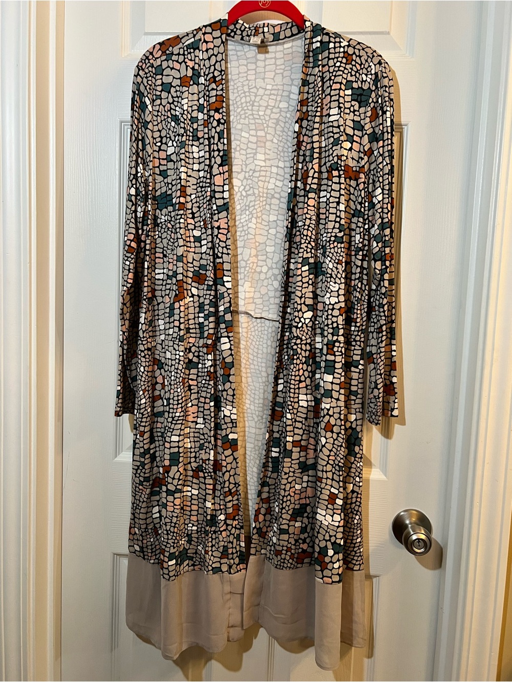 🦋LOGO by Lori Goldstein Mosaic Tile Open-Front Cardigan in Cream, Tan & Brown LP
